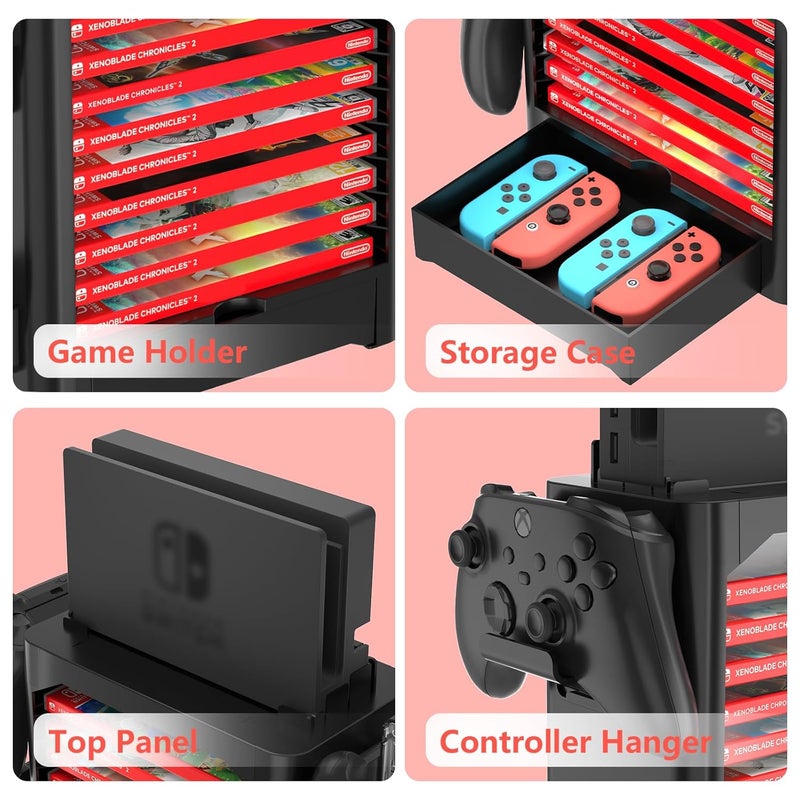 HalaGong Multifunctional Game Disk Storage Tower for Nintendo Switch/OLED, Organizer Station with 10 Game Case Slot, Controller Stand with 4 Controller Rack Holder and Joy-Con Drawer for Switch Accessories - Image 3
